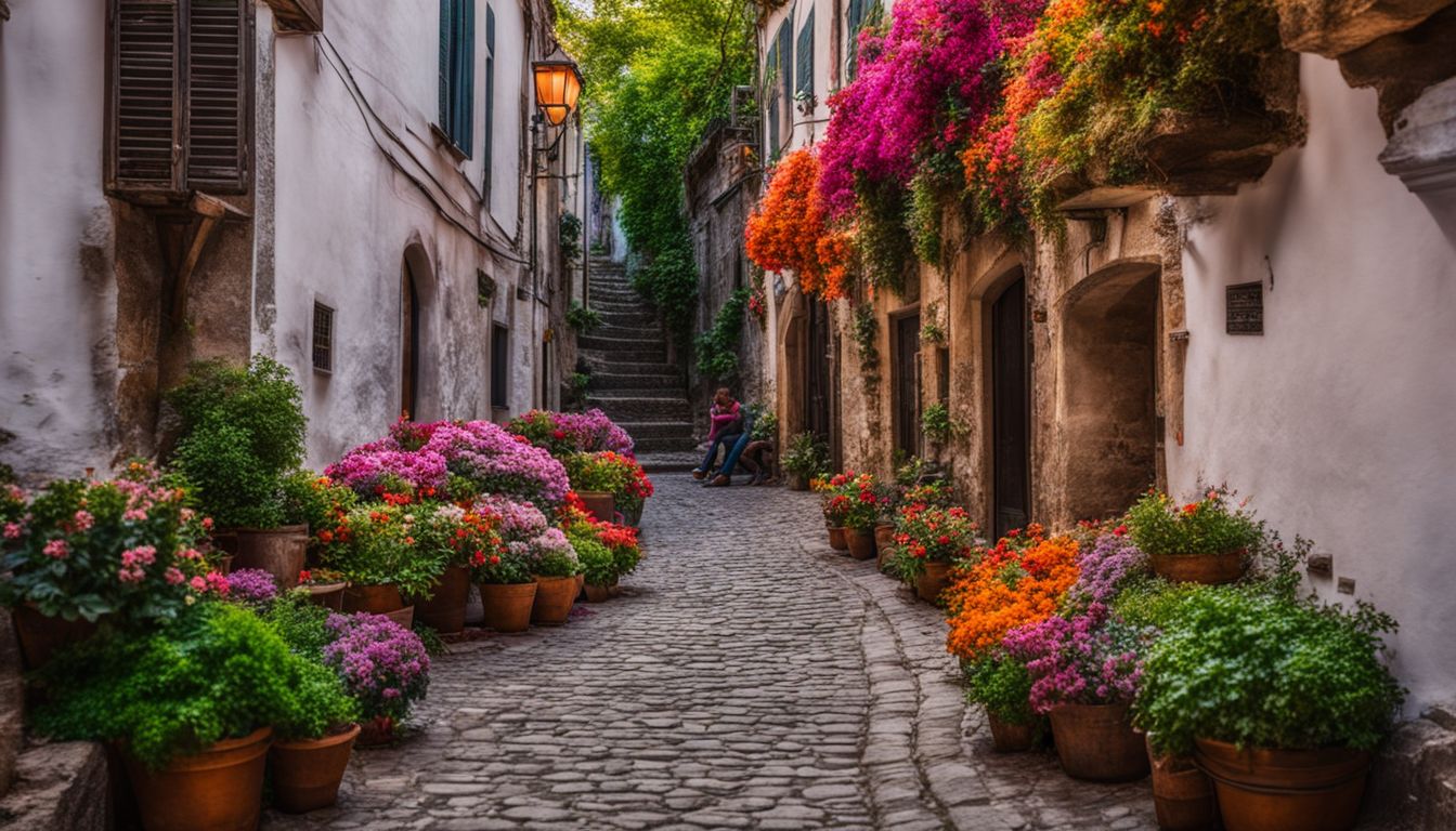 A charming cobblestone alleyway filled with ancient buildings and vibrant flowers.