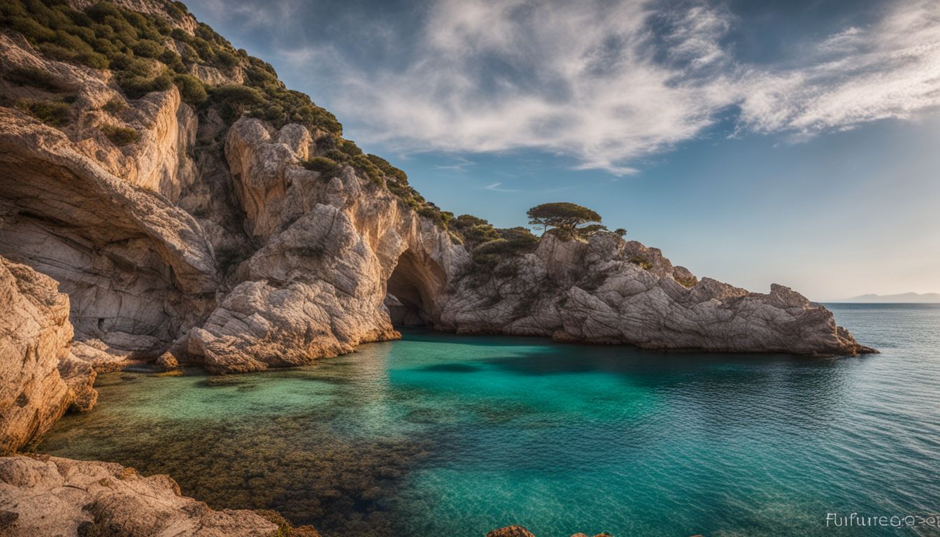 A stunning seascape with clear waters and rugged cliffs at Baia dei Turchi.