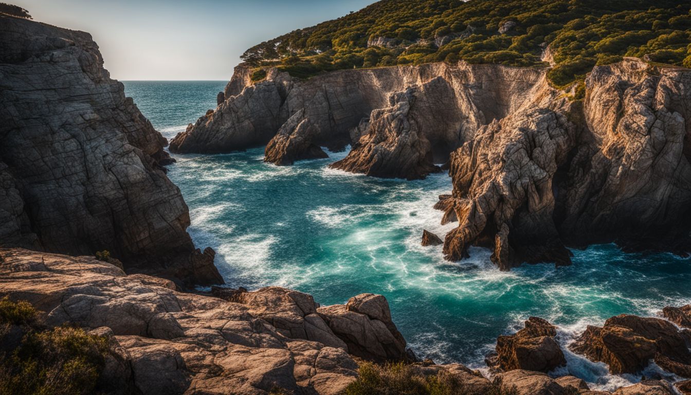 The rocky coastline of Porto Selvaggio with crashing waves in crisp detail.