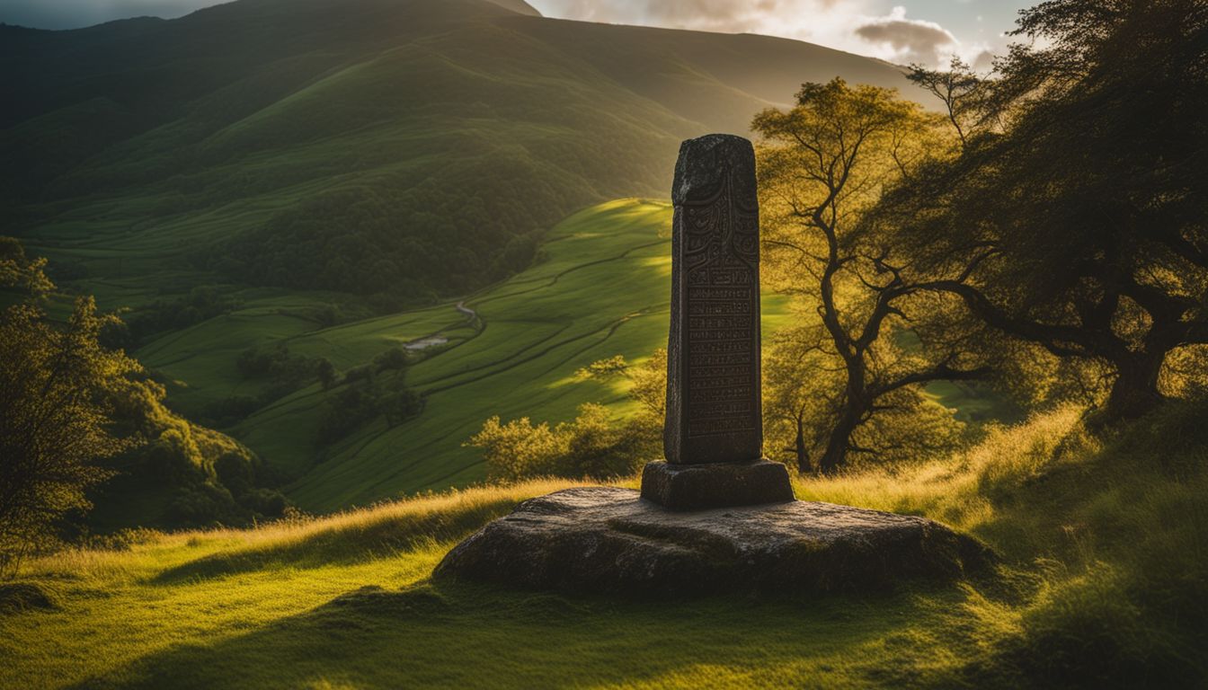 A Daunian stele standing in a scenic countryside landscape.