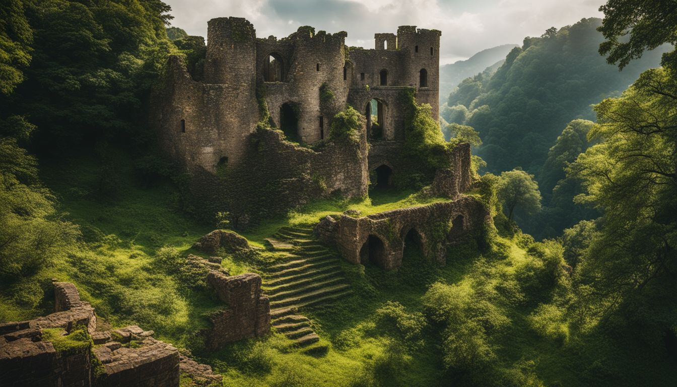 The ruins of an ancient castle surrounded by lush greenery.