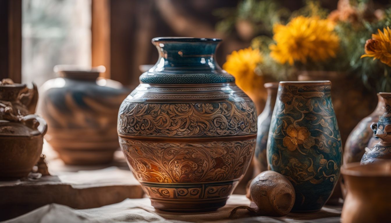 A collection of handcrafted pottery and nature photography in vibrant colors.