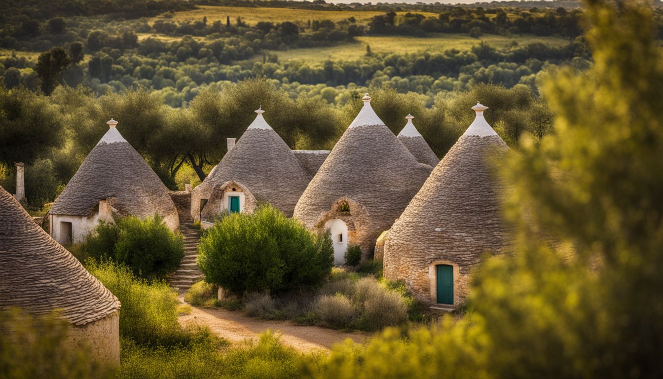 A cluster of trulli houses surrounded by olive groves in a bustling atmosphere.