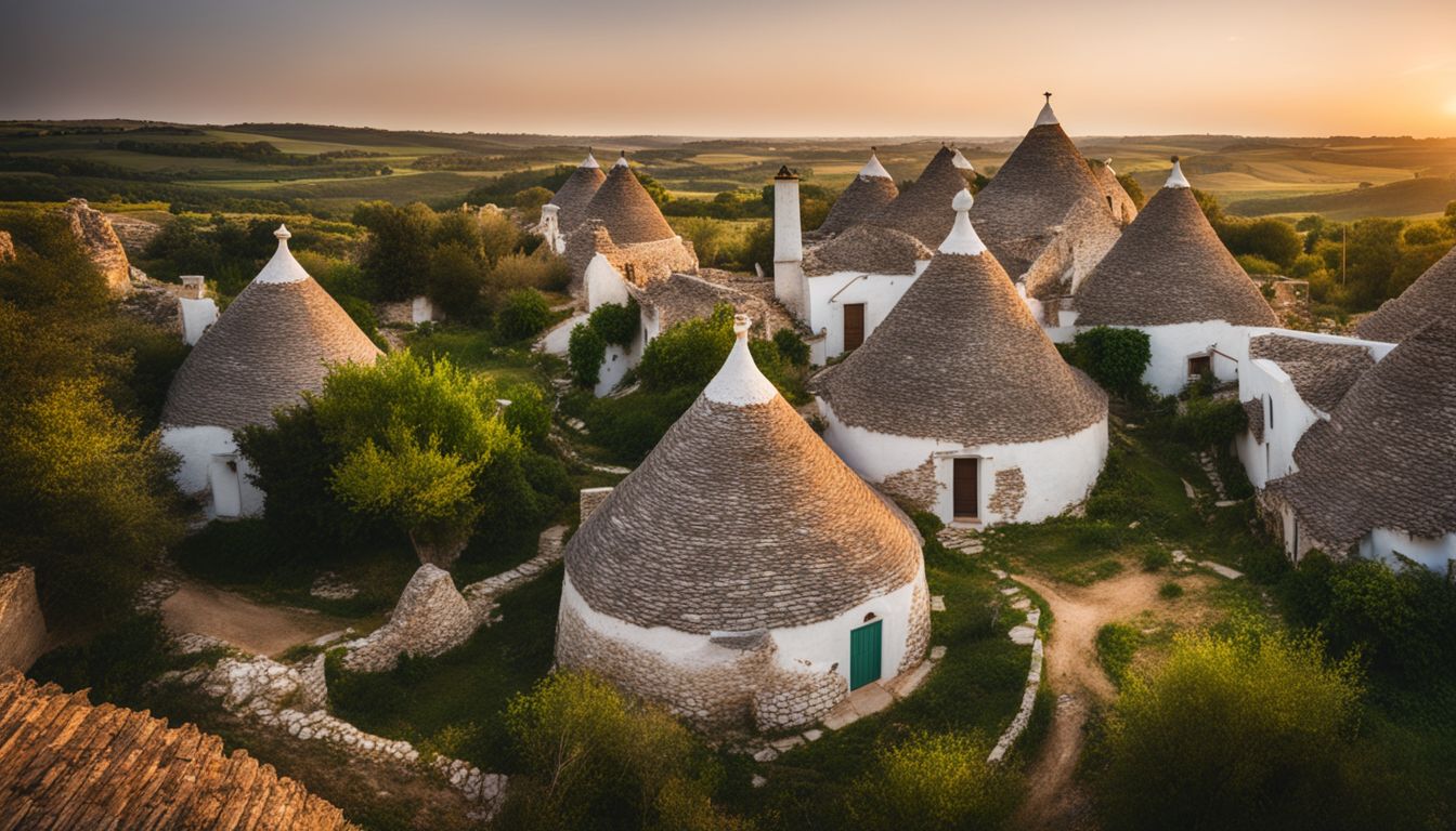 A cluster of traditional trulli houses in a lush countryside.