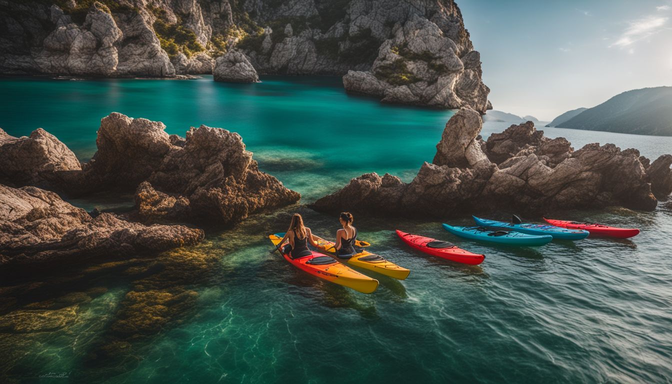 A stunning seascape with kayaks and stand-up paddleboards on clear turquoise waters.